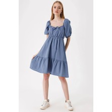Hazelin Kadın Indigo Büzgülü Yaka Lastikli Bel Kloş Poplin Elbise HZL22S-BD123511