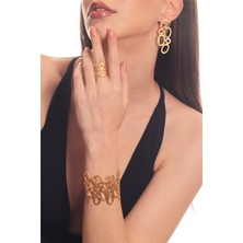 Labalaba Kadın Mat Altın Kaplama Oval Formlu Tasarım Küpe & Bileklik & Yüzük Seti