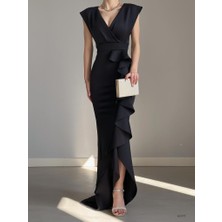 Renga Style Kadın Scuba Dalgıç Kumaş Kruvaze Yaka Eteği Volanlı Abiye Elbise (Renkli)