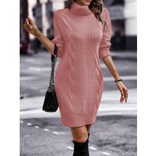 AQE FASHION Saç Örgü & Selanik Örgü Desenli Links Detay Boğazlı Uzun Kol Sırt Detaylı Pudra Triko Elbise Tunik