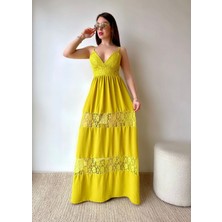 Rengamoda Kadın Askılı Dantel Detaylı Aerobin Kumaş Göğüs Dekolteli Maxi Boy Abiye Elbise (Renkli)