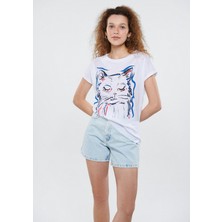 Mavi Kadın Kedi Baskılı Beyaz Tişört 1611335-620