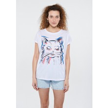 Mavi Kadın Kedi Baskılı Beyaz Tişört 1611335-620