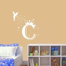 Asilmeydan Uçan Peri Kızı -Taçlı Isim Baş Harfi Tasarımlı Kişiye Özel Dekoratif Çocuk Odası Duvar Sticker, Çık Beyaz