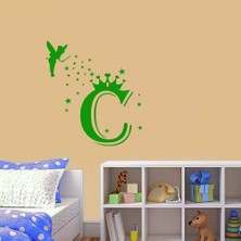 Asilmeydan Uçan Peri Kızı -Taçlı Isim Baş Harfi Tasarımlı Kişiye Özel Dekoratif Çocuk Odası Duvar Sticker, Çık Yeşil