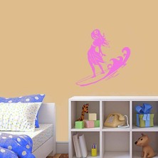 Asilmeydan Dalgalı Denizde Sörf Yapan Kız Silüeti Dekoratif Duvar Sticker, Çıkartma Pembe