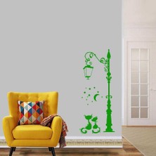 Asilmeydan Sokak Lambası Altındaki Aşık Kediler Dekoratif Duvar Sticker, Çıkartma, Etiket Yeşil