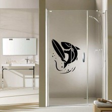 Asilmeydan Sörf Yapan Köpekbalığı Silüetli Dekoratif Banyo Duşakabin Sticker, Çıkartma, Etiket