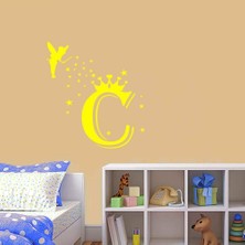 Asilmeydan Uçan Peri Kızı -Taçlı İsim Baş Harfi Tasarımlı Kişiye Özel Dekoratif Çocuk Odası Duvar Sticker, Çık Sarı