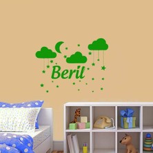 Asilmeydan Ay, Bulut ve Yıldızlar Uyku Temalı - Isme Özel Dekoratif Çocuk Odası Duvar Sticker, Çıkartma Yeşil