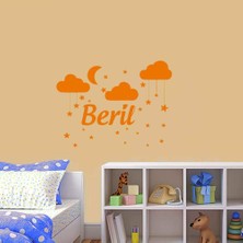 Asilmeydan Ay, Bulut ve Yıldızlar Uyku Temalı - Isme Özel Dekoratif Çocuk Odası Duvar Sticker, Çıkartma Turuncu