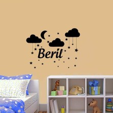 Asilmeydan Ay, Bulut ve Yıldızlar Uyku Temalı - Isme Özel Dekoratif Çocuk Odası Duvar Sticker, Çıkartma Siyah