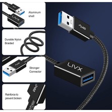 Livx Rope 5gbps Hızlı Veri Aktarımı USB 3.0 Erkek Dişi Uzatma Kablosu Halat Örgülü 3 Metre