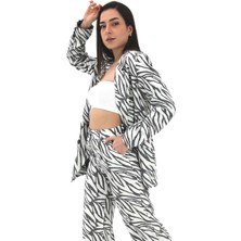 Marissa Butik Zebra Desen Oversize Keten Ceket - Siyah