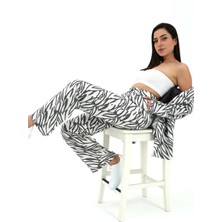 Marissa Butik Zebra Desen Yüksek Bel Keten Pantolon - Siyah