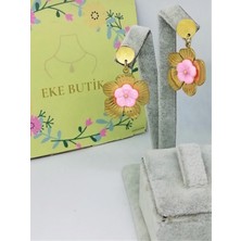 Eke Butik Çelik Pembe Çiçekli Vidalı Küpe