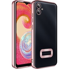 Kzy Samsung Galaxy A04E Kapak Yanları Renkli Lens Korumalı Logo Gösteren Şeffaf Luxury Silikon Kılıf - Rose Gold