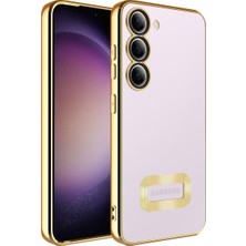 Kzy Samsung Galaxy S23 Plus Kapak Yanları Renkli Lens Korumalı Logo Gösteren Şeffaf Luxury Silikon Kılıf - Gold