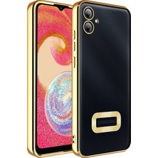 Kzy Samsung Galaxy A04E Kapak Yanları Renkli Lens Korumalı Logo Gösteren Şeffaf Luxury Silikon Kılıf - Gold