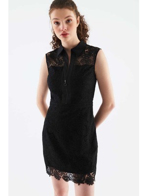 ROMAN Fermuarlı Transparan Mini Elbise Siyah Y2211501_001