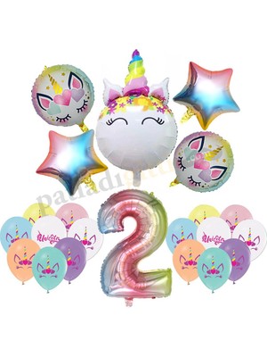 Patladı Gitti 2 Yaş Gökkuşağı Konsepti Unicorn Temalı Doğum Günü Parti Kutlama Seti
