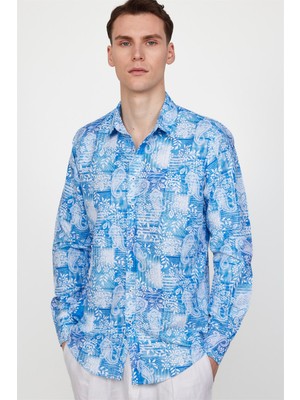 Tudors Slim Fit Uzun Kollu Baskılı Desenli Kolay Ütü Yaka Düğmeli Sax Mavi Gömlek