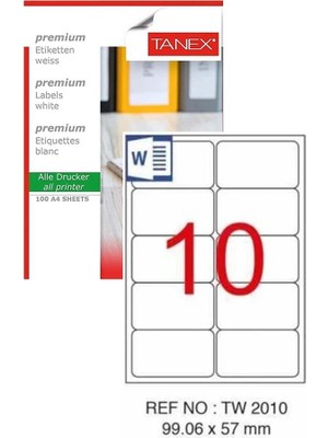 Tanex Bilgisayar Etiketi TW-2010 99,06X57 mm 100 Lü Lazer Etiket 1 Paket Tanex Davetiye Kargo Koli Kutu Etiketi