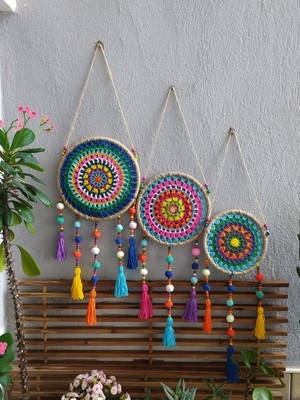 Cooll Vogue Duvar Süsü Ponponlu Ahşap Boncuklu  El  Emeği 3 Lü Set