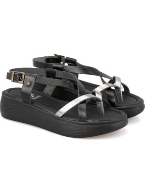 Desa Ella Siyah Kadın Dolgu Tabanlı Deri Sandalet