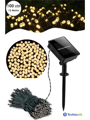 Technojet 100 Ledli 12 Metre Solar Şerit Bahçe Dekorasyon Aydınlatma LED Sarı Işık Güneş Enerjili