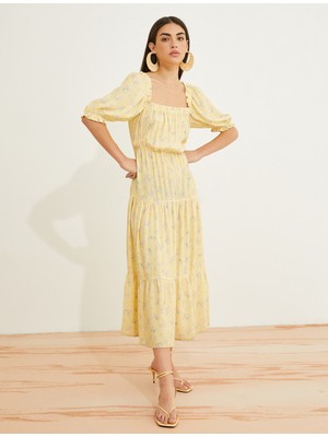 Koton Çiçekli Midi Elbise Kare Yaka Kısa Balon Kollu