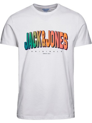 Jack & Jones Sıfır Yaka Baskılı Beyaz Erkek T-Shirt 12238135