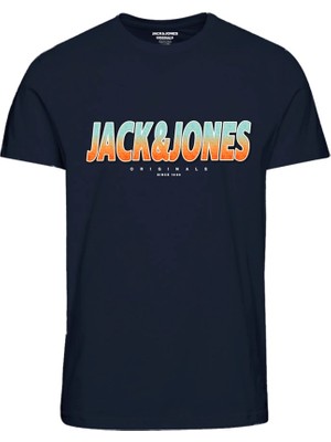Jack & Jones Sıfır Yaka Baskılı Lacivert Erkek T-Shirt 12238135