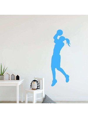 Asilmeydan Basket Atan Kadın Basketbol Oyuncu Silüeti Dekoratif Genç Odası Duvar Sticker, Çıkartma Mavi