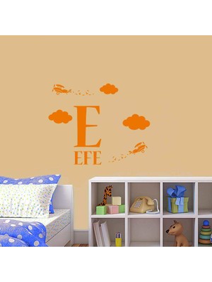 Asilmeydan Gökyüzündeki Bulutların Arasında Süzülen Uçak  - Isme Özel Dekoratif Çocuk Odası Duvar Sticker, Çık Turuncu