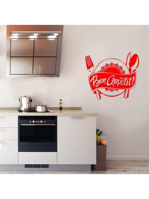Asilmeydan Bon Appetit Yazılı Servis Tabağı Sembollü Silüeti Dekoratif Mutfak Duvar Sticker, Çıkartma Kırmızı