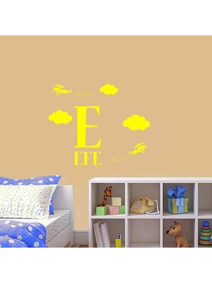 Asilmeydan Gökyüzündeki Bulutların Arasında Süzülen Uçak  - Isme Özel Dekoratif Çocuk Odası Duvar Sticker, Çık Sarı
