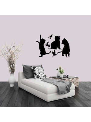 Asilmeydan Kediler ve Kuşlar Silüeti Dekoratif Duvar Sticker, Çıkartma, Etiket