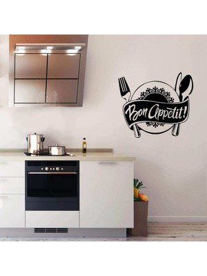 Asilmeydan Bon Appetit Yazılı Servis Tabağı Sembollü Silüeti Dekoratif Mutfak Duvar Sticker, Çıkartma