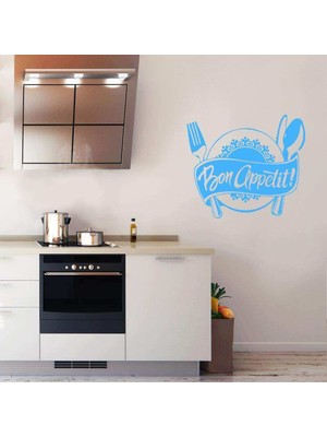 Asilmeydan Bon Appetit Yazılı Servis Tabağı Sembollü Silüeti Dekoratif Mutfak Duvar Sticker, Çıkartma Mavi