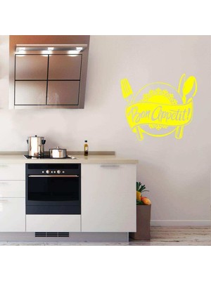 Asilmeydan Bon Appetit Yazılı Servis Tabağı Sembollü Silüeti Dekoratif Mutfak Duvar Sticker, Çıkartma Sarı