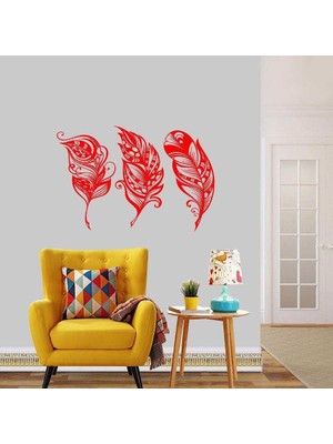 Asilmeydan Desenli Çizgisel Tüyler Büyük Boy Dekoratif Duvar Sticker, Çıkartma, Etiket Kırmızı