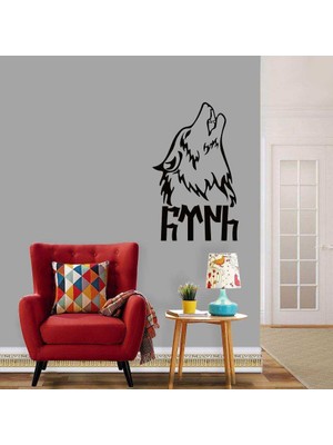 Asilmeydan Göktürkçe Türk Yazılı Uluyan Kurt Büyük Boy Dekoratif Duvar Sticker, Çıkartma, Etiket