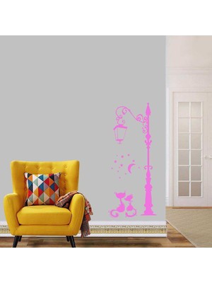 Asilmeydan Sokak Lambası Altındaki Aşık Kediler Dekoratif Duvar Sticker, Çıkartma, Etiket Pembe