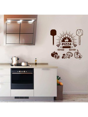 Asilmeydan Fırında Lezzetli Sebzeli Pizza Silüeti Dekoratif Mutfak Duvar Sticker, Çıkartma Kahverengi