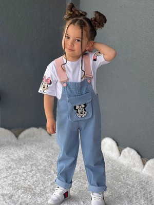 Hira Kids Collection Kız Çocuk Minnie Mouse Baskılı Kot Salopet ve Tshirt