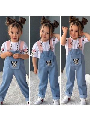 Hira Kids Collection Kız Çocuk Minnie Mouse Baskılı Kot Salopet ve Tshirt