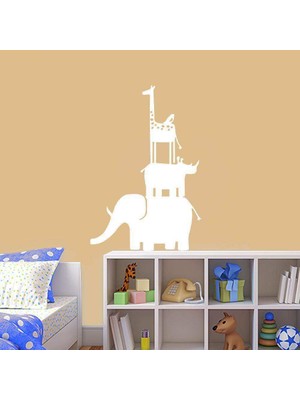 Asilmeydan Fil - Gergedan - Zürafa ve Kuş Silüeti Dekoratif Duvar Sticker, Çıkartma Beyaz