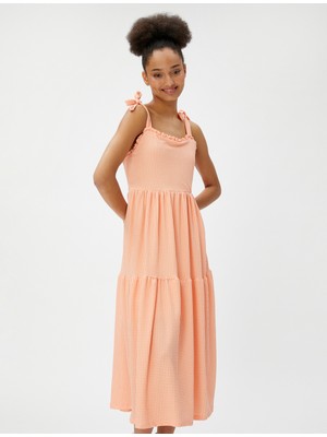 Koton Midi Elbise Kare Yaka Volanlı Bağlama Detaylı