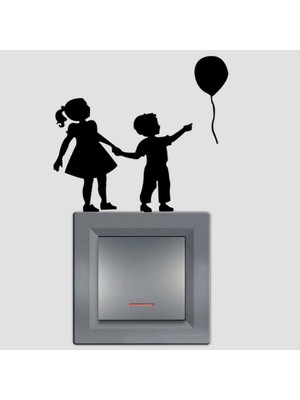 Asilmeydan Çocuklar ve Ellerinden Kaçan Balonları - Minimal Tasarım Priz Sticker Duvar Dekorasyon Çıkartma